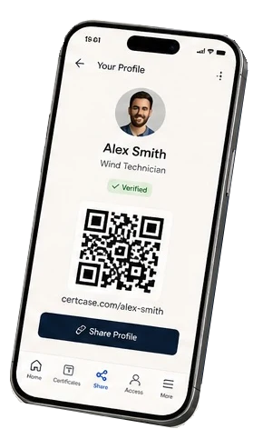A wind technician’s CertCase profile on a phone, showing certificates and availability
