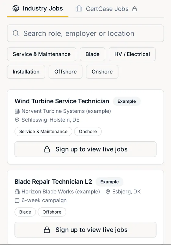 The CertCase Jobs screen on a phone, with fictional example employers